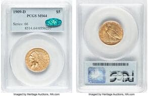Indian Half Eagles 1909-D $5 MS64 PCGS. CAC. CAC: 654 in 64, 18 finer (5/26). CDN: $2,350 Whsle. Bid for NGC/PCGS MS64....