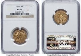 Indian Half Eagles 1910 $5 MS63 NGC. CDN: $1,550 Whsle. Bid for NGC/PCGS MS63. Mintage 604,250. ...