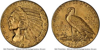 Indian Half Eagles 1914-S $5 MS61 NGC. CDN: $2,000 Whsle. Bid for NGC/PCGS MS61. Mintage 263,000. ...