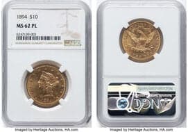 Liberty Eagles 1894 $10 MS62 Prooflike NGC. NGC Census: 38 in 62, 16 finer (5/26). CDN: $2,747.31 Whsle. Bid for...