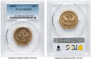 Liberty Eagles 1899-S $10 MS62 Prooflike PCGS. PCGS Population: 5 in 62, 0 finer (5/26). CDN: $2,837.31 Whsle. Bid for...