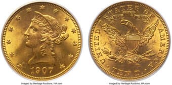 Liberty Eagles 1907 $10 MS65 PCGS. PCGS Population: 98 in 65 (4 in 65+), 1 finer (5/26). CDN: $3,586.26 Whsle. Bid for...