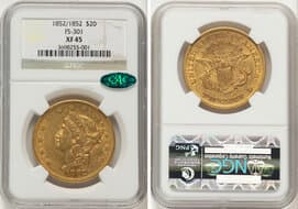 Liberty Double Eagles 1852/1852 $20 FS-301 XF45 NGC. CAC. NGC Census: 15 in 45, 83 finer. CAC: 3 in 45, 27 finer...