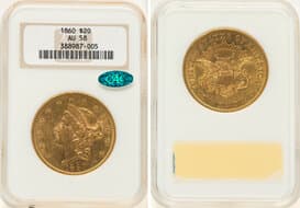 Liberty Double Eagles 1860 $20 AU58 NGC. CAC. Housed in a Generation 5 fatty holder. CAC: 43 in 58, 28 finer (5/26)....