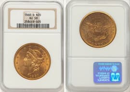 Liberty Double Eagles 1860-S $20 AU58 NGC. CDN: $5,235.10 Whsle. Bid for NGC/PCGS AU58. Mintage 544,950. ...