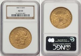 Liberty Double Eagles 1861-S $20 AU53 NGC. CDN: $5,192.36 Whsle. Bid for NGC/PCGS AU53. Mintage 768,000. ...