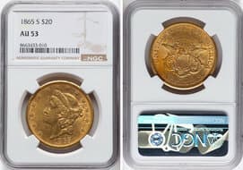 Liberty Double Eagles 1865-S $20 AU53 NGC. CDN: $4,740.25 Whsle. Bid for NGC/PCGS AU53. Mintage 1,042,500. ...