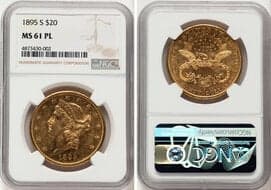 Liberty Double Eagles 1895-S $20 MS61 Prooflike NGC. NGC Census: 31 in 61, 19 finer (5/26). CDN: $4,839.01 Whsle. Bid...