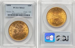 Liberty Double Eagles 1898 $20 MS62 PCGS. CDN: $5,284.92 Whsle. Bid for NGC/PCGS MS62. Mintage 170,300. ...