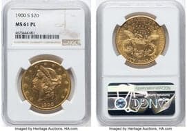 Liberty Double Eagles 1900-S $20 MS61 Prooflike NGC. NGC Census: 23 in 61, 18 finer (5/26). CDN: $4,818.95 Whsle. Bid...