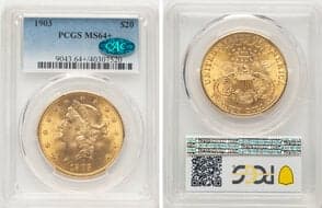 Liberty Double Eagles 1903 $20 MS64+ PCGS. CAC. CAC: 419 in 64, 52 finer (5/26). CDN: $4,973.10 Whsle. Bid for...
