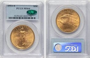 Saint-Gaudens Double Eagles 1911-S $20 MS64 PCGS. CAC. CAC: 230 in 64, 73 finer (5/26). CDN: $5,144.10 Whsle. Bid for...
