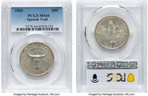 Commemorative Silver 1935 50C Spanish Trail MS66 PCGS. CDN: $1,550 Whsle. Bid for NGC/PCGS MS66. Mintage 10,008. ...
