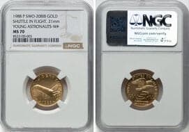 Modern Issues Three-Piece 1988-P Young Astronauts Medals Set NGC. The set includes: Shuttle in Flight, Gold, MS70,...