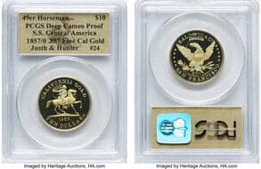 S.S.C.A. Relic Gold Medals (2002) "1857/0" $10 49er Horseman Ten Dollar Deep Cameo Proof PCGS, .887 Fine California...