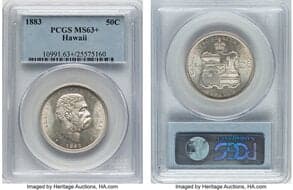 Coins of Hawaii 1883 50C Hawaii Half Dollar MS63+ PCGS. PCGS Population: 87 in 63 (5 in 63+), 102 finer (5/26). CDN:...