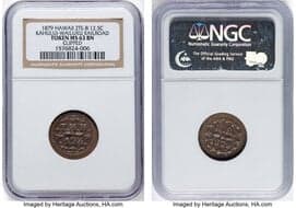 Coins of Hawaii 1879 12.5C T. Hobron 12 1/2 Cent Token, Two Stars on Both Sides -- Clipped -- MS63 Brown NGC. M....