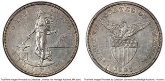 Philippines 1905-S Philippines Peso, Straight Serif, AU55 PCGS. Allen-16.06a. PCGS Population: 22 in 55, 33 finer...