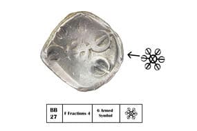 India, Gandhara Janapadha, (Ancient Khandahar,Afghanistan), (c. 500BC), Silver 1/8th Shatamana, 1.40grms, Obv. Six...