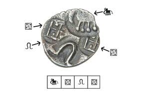 India, Ashmaka/Andra Janapadha, (c. 400-350BC), Betul & Tapti Valley, Silver 1/2 Karshapana, 1.20grms, 4 symbols in...