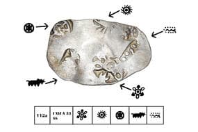 India, Magadha Janapadha, Ajatashatru (c.492-460BC), Silver Karshapana, 3.40 grms, Obv. 5 main symbols, 1x 6 Armed...