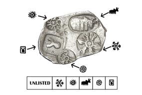 India, Magadha Janapadha, Nanda Dynasty (c. 354-322BC), Silver Karshapana, 3.30grms, 5 main symbols, 1x 6 armed symbol...
