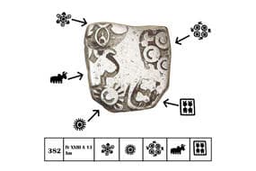 India, Magadha Janapadha, Nanda Dynasty (c. 354-322BC), Silver Karshapana, 2.90grms, Obv. 5 main symbols, 1x 6 armed...