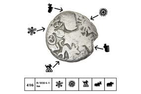 India, Magadha Janapadha, Nanda Dynasty (c. 354-322BC), Silver Karshapana, 2.80grms, Obv. 5 main symbols, 1x 6 armed...
