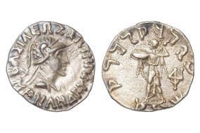 India, Indo- Greek, Menander I (c. 155-130BC), Silver Drachm, 2.60grms, Obv. Diademed, helmeted bust of king right, ...