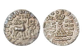 India, Kuninda Dynasty (c. 100BC), Amoghabhuti, Silver Drachm, 2.10grms, Obv. Deer to right towards Lak?m? who is...