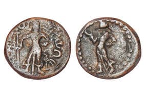 India, Yaudheya City State, (c. 300-400CE), Copper Unit, 8.10grms, Obv. Standing Kärttikeya, spear in his right, left...