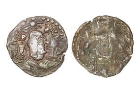 India, Hunnic Tribes, Nezak Shah, (c. 550-600CE), Billion drachm, 3.80grms, gobl #198, Obv. Bust to right wearing...