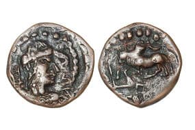 India, Alchon Huns, Mihirakula (c. 515-540CE), Copper Unit, 3.60grms, Obv. Bust with conical head facing right with...