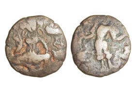 India, Kashmir Huns, Toramana II, (c. 540-570CE), Copper Unit, 6.30grms, Obv. King standing facing holding sceptre in...