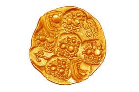 India, Nolamba Dynasty, Ekavakya Deva II(c. 981-1000CE), Gold Gadyana, 3.70grms, 9 Punches, 5x Nandi Bull Facing right...
