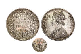 India, British India, Victoria Queen, Silver Rupee, 11.66grms, 1862, GK#338, A/II/0/10, Without "J", Minted at Bombay,...