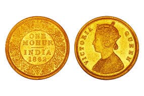 India, British India, Victoria Queen, 1862, Gold Mohur, 11.66grms, Minted in Calcutta, Obv. Two flowers in the bottom...