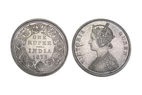 India, British India, Victoria Queen, Silver Rupee, 11.66grms, 1875, GK#425, A2/II, Dot, Minted at Bombay, Very Fine+,...