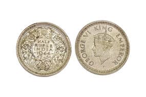India, British India, George VI, Silver 1/2 Rupee, 5.80grms, 1944, GK#1309, B/III, Diamond shaped Dot as mintmark, Star...