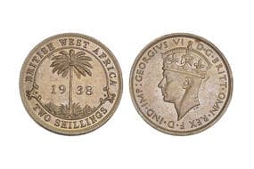 British West Africa, George VI, Two Shillings, Nickel Brass, 11.30grms, 1938, Obv. Crowned portrait left, Rev. Palm...