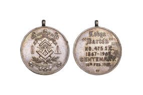 Lodge Barton Centenary Medal- Lonavala, Silver, 16.00grms, 1967, Obv. Masonic symbols - square & compasses, radiant...