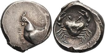 Sicily, Himera Didrachm circa 483-472, AR 20 mm, 8.62 g. HIMEPA Cock standing l. Rev. Crab. SNG München 53 (this...