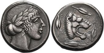 Sicily, Leontini Tetradrachm circa 455-430, AR 27 mm, 17.39 g. Laureate head of Apollo r. Rev. ΛΕ/Ο/ΝΤΙ/ΝΟ/Ν ...