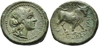 Sicily, Tauromenium Bronze, circa 216-212, Æ 16 mm, 2.85 g. Head of young Dionysus r., wreathed with ivy wreath. Rev....