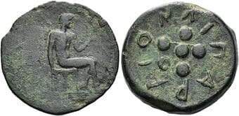 Islands off Sicily, Lipara Hemilitron circa 420-440, Æ 22 mm, 6.63 g. Hephaistos seated r., holding hammer and...
