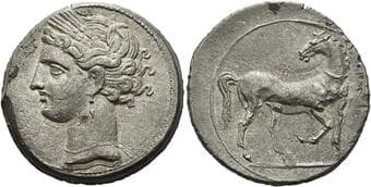 The Carthaginians in Italy, Sicily, Sardinia and North Africa Trihemishekel circa 203-201, Billon 27 mm, 9.47 g....