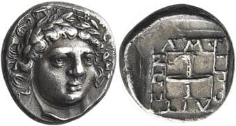 Macedonia, Amphipolis Drachm circa 369-368, AR 16 mm, 3.56 g. Laureate head of Apollo facing, turned slightly r. Rev....