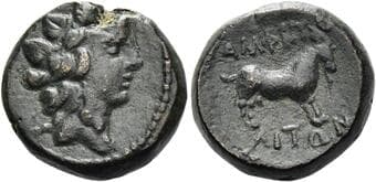 Macedonia, Amphipolis Bronze circa 187-167, Æ 17 mm, 5.58 g. Head of Dionysus r., wearing wreath of ivy. Rev....