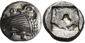 Macedonia, Eion Diobol circa 480-470, AR 8 mm, 0.7 g. Goose standing r., head reverted; above, small ring. Rev. Incuse...