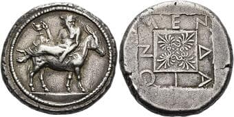 Macedonia, Mende Tetradrachm circa 423-415, AR 27 mm, 17.21 g. Bearded Dionysuss reclining l. on ass advancing r. and...